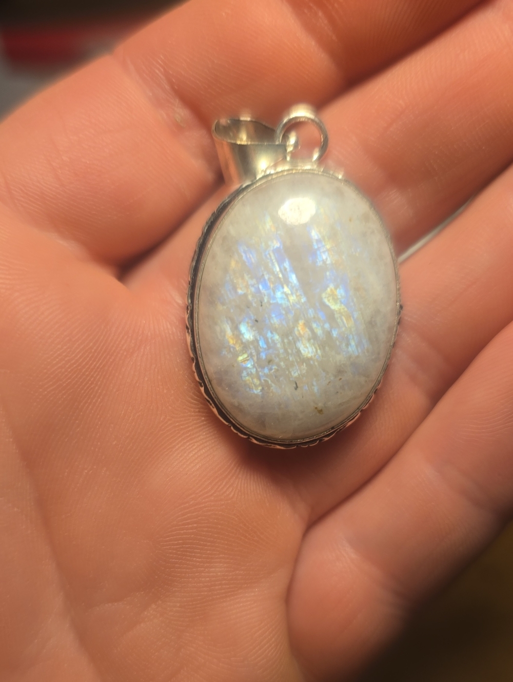 Sterling Silver Rainbow Moonstone Pendant - White Blue Sheen